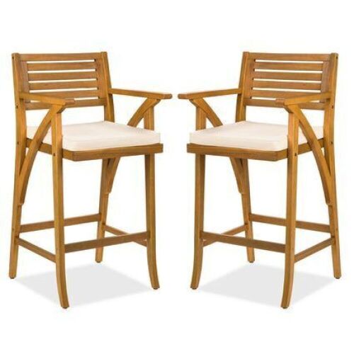 Set of 2 Outdoor Acacia Wood Bar Stools Chairs w/ Weather-Resistant Cushions - Lot 187