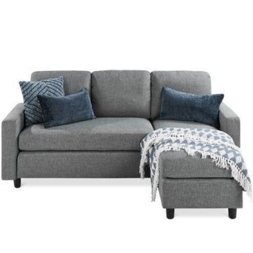 Linen Sectional Sofa Couch w/ Chaise Lounge, Reversible Ottoman Bench - Lot 185
