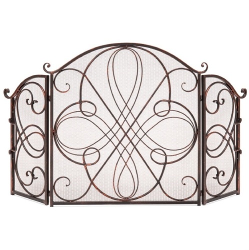 3-Panel Wrought Iron Metal Fireplace Screen Cover w/ Scroll Design - 55x33in  - Lot 1116
