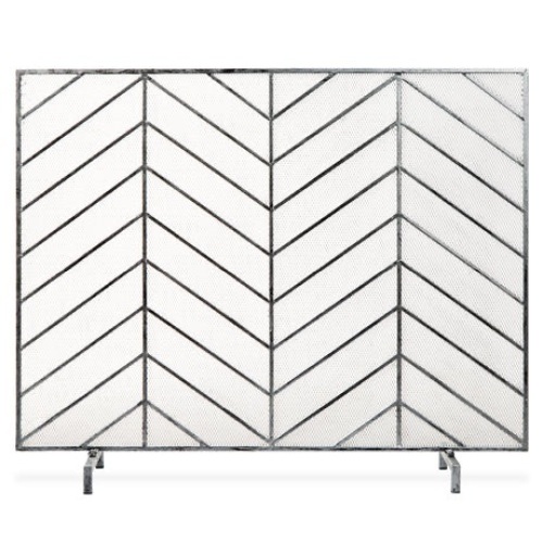 Single Panel Iron Chevron Fireplace Screen w/ Antique Finish - 38x31in  - Lot 178