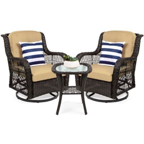3-Piece Patio Wicker Bistro Furniture Set w/ 2 Swivel Rocking Chairs, Table - Lot 180