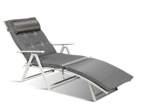 Adjustable Height Chaise Fabric Outdoor Lounge Chair with Gray Cushions - Lot 150