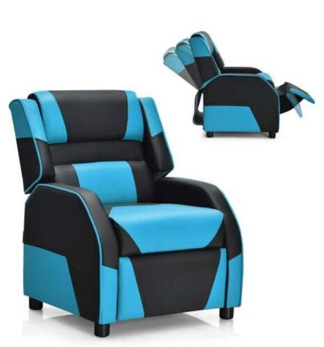 Blue Faux Leather Upholstery Kids Recliner Gaming Sofa w/Headrest and Footrest - Lot 190