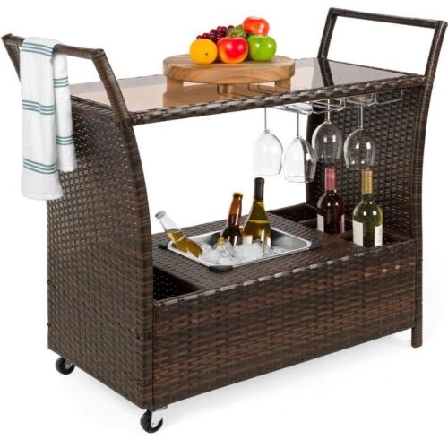 Wicker Serving Bar Cart w/ Wheels, Glass Counter, Ice Bucket - Lot 112