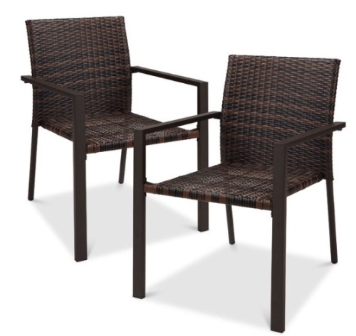 Set of 2 Stackable Wicker Chairs w/ Armrests, Steel Conversation Accent Furniture for Patio - Brown - Lot 245