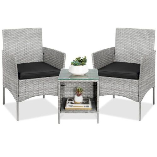 3-Piece Outdoor Patio Wicker Bistro Set w/ Side Storage Table - Lot 701