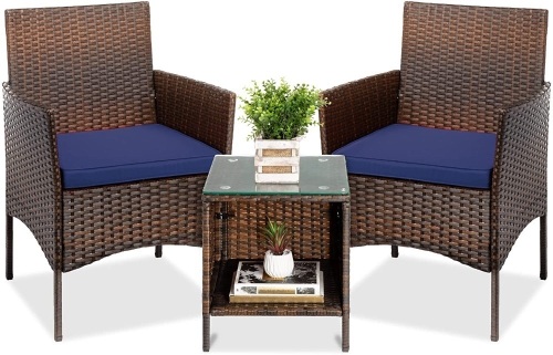 Best Choice Products 3-Piece Outdoor Wicker Conversation Bistro Set, Space Saving Patio Furniture for Yard, Garden w/ 2 Chairs, 2 Cushions, Side Storage Table - Brown/Red   - Lot 202