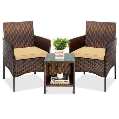3-Piece Outdoor Patio Wicker Bistro Set w/ Side Storage Table  - Lot 608