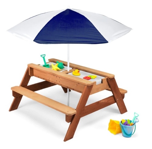 3-in-1 Kids Sand & Water Table Outdoor Wood Picnic Table w/ Umbrella,NEW - Lot 213