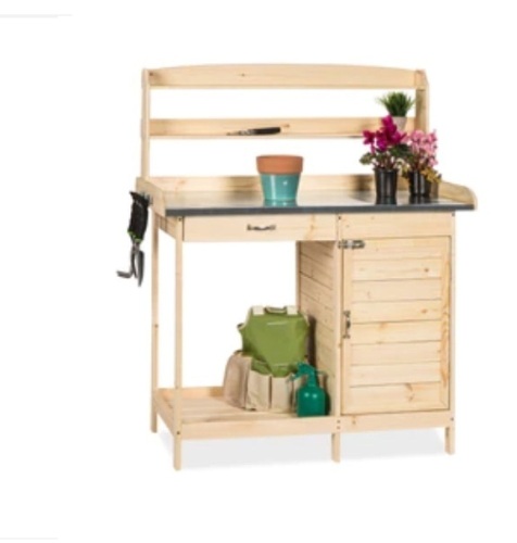 Garden Wooden Potting Bench w/ Metal Table Top - Natural,E -COMMERCE RETURN - Lot 215