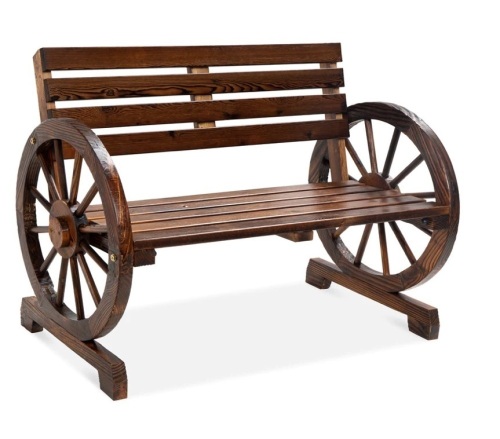 2-Person Rustic Wooden Wagon Wheel Bench w/ Slatted Seat and Backrest,APPEARS NEW - Lot 167