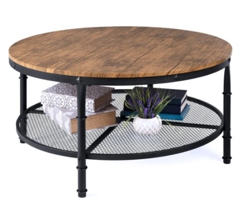2-Tier Round Industrial Wood & Steel Coffee Table, Storage Shelves - 35.5in,APPEARS NEW  - Lot 161
