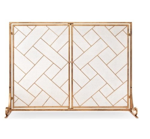 2-Panel Wrought Iron Geometric Fireplace Screen w/ Magnetic Doors - 44x33in,APPEARS NEW - Lot 157