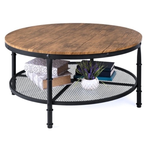 2-Tier Round Industrial Wood & Steel Coffee Table, Storage Shelves - 35.5in,APPEAR NEW - Lot 239