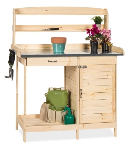 Garden Wooden Potting Bench w/ Metal Table Top - Natural,APPEARS NEW - Lot 261