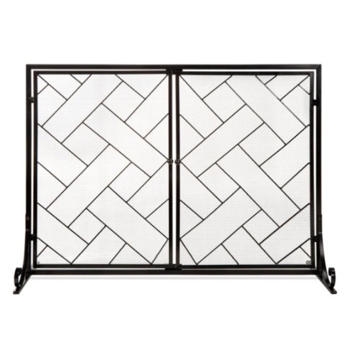 2-Panel Wrought Iron Geometric Fireplace Screen w/ Magnetic Doors - 44x33in, Appears New - Lot 173