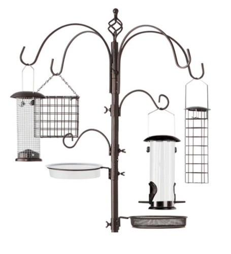 Bird Feeding Station, 6-Hook Steel Multi-Feeder Stand w/ 4 Feeders - 89in, Appears New/Box Damaged - Lot 245