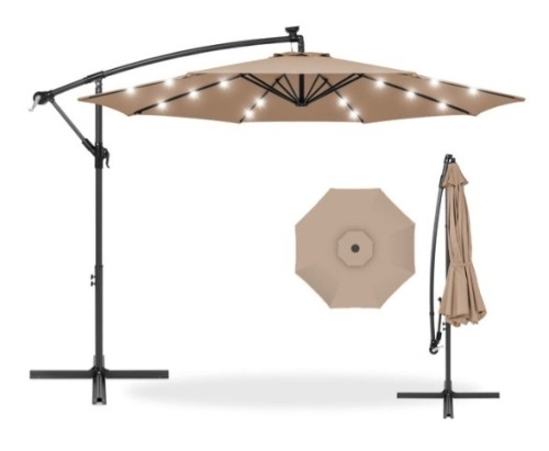Solar LED Offset Hanging Patio Umbrella w/ Crank Tilt Adjustment - 10ft, Tan - Lot 75
