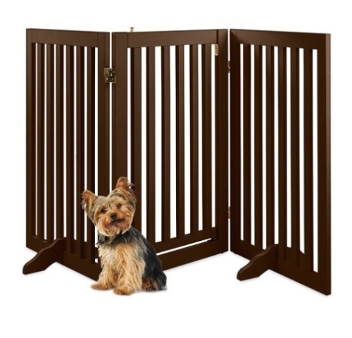 31.5in 3-Panel Freestanding Wooden Pet Gate w/ Door, Support Feet, Espresso - Lot 85