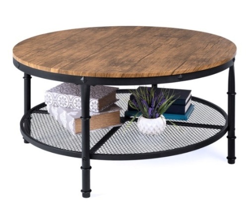 2-Tier Round Industrial Wood & Steel Coffee Table, Storage Shelves - 35.5in, Brown - Lot 86