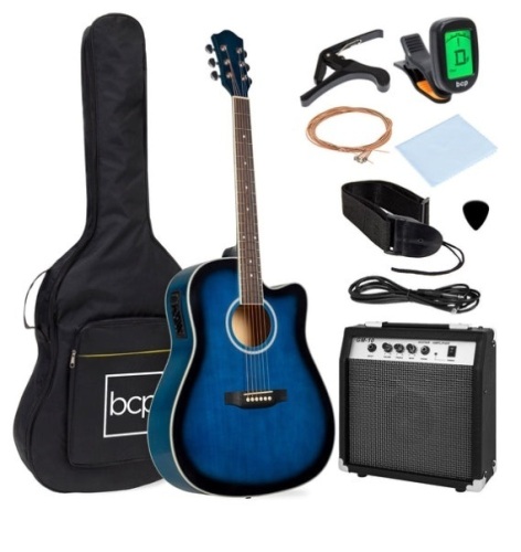Beginner Acoustic Electric Cutaway Guitar Set w/ Case, Strap - 41in, Blue - Lot 92