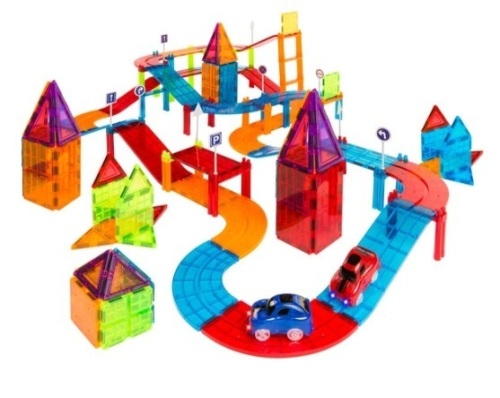 212-Piece Kids Magnetic Tile Car Race Track STEM Building Toy Set w/ 2 Cars - Lot 96