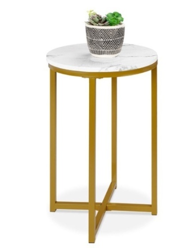 Round Coffee Side Table w/ Faux Marble Top, Metal Frame - 16in, White/Bronze Gold - Lot 98