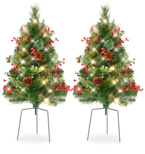 Set of 2 Pre-Lit Pathway Christmas Trees w/ Pine Cones, Timer - 24.5in - Lot 109