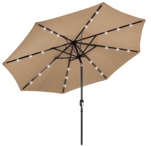 Solar LED Lighted Patio Umbrella w/ Tilt Adjustment, UV-Resistance - 10ft, Tan - Lot 128