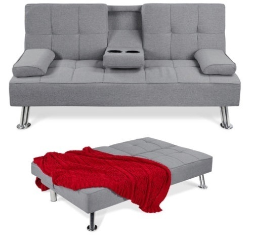 Linen Upholstered Convertible Sofa Bed Futon w/ 2 Cupholders, Gray - Lot 134