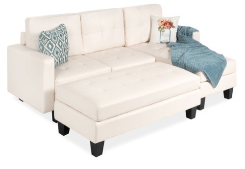 L-Shape Customizable Faux Leather Sofa Set w/ Ottoman Bench, White - Lot 137