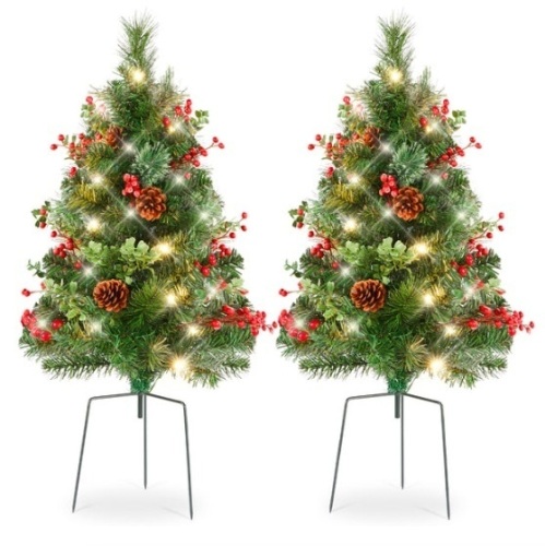 Set of 2 Pre-Lit Pathway Christmas Trees w/ Pine Cones, Timer - 24.5in - Lot 141