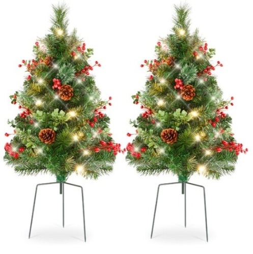 Set of 2 Pre-Lit Pathway Christmas Trees w/ Pine Cones, Timer - 24.5in - Lot 142