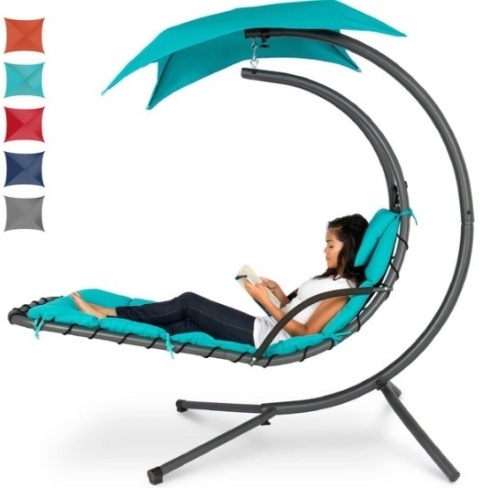 Hanging Curved Chaise Lounge Chair w/ Built-In Pillow, Removable Canopy, Blue - Lot 145
