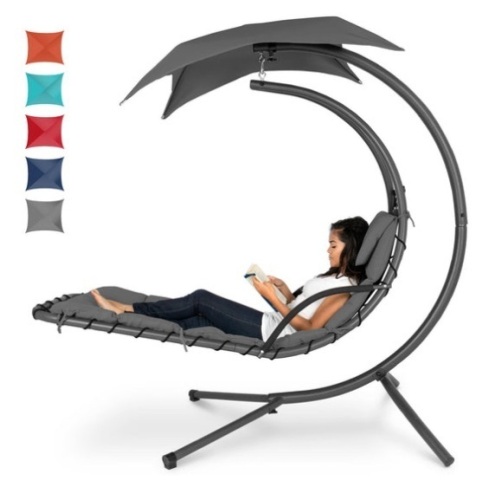 Hanging Curved Chaise Lounge Chair w/ Built-In Pillow, Removable Canopy, Charcoal Gray - Lot 152