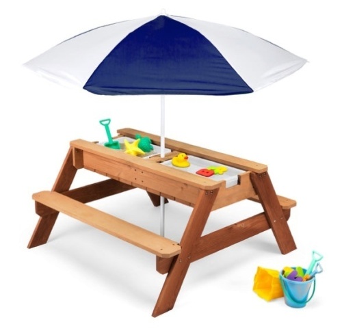 3-in-1 Kids Sand & Water Table Outdoor Wood Picnic Table w/ Umbrella, Navy - Lot 155
