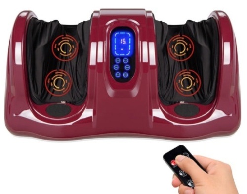 Therapeutic Foot Massager w/ High Intensity Rollers, Remote, 3 Modes, Burgundy - Lot 200
