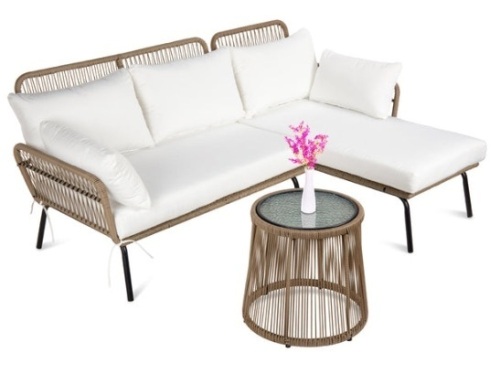 Rope Woven Sectional, L-Shape Sofa Set w/ Detachable Lounger, Table, White - Lot 202
