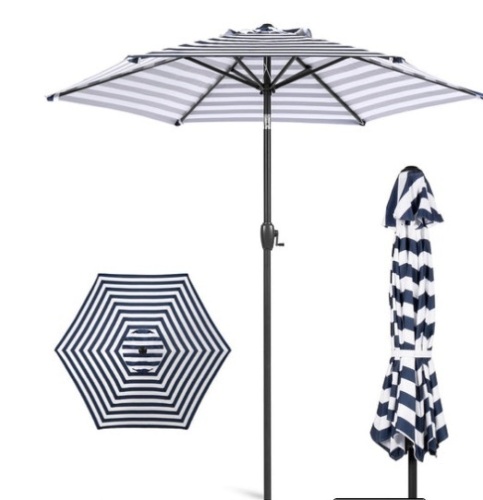 Outdoor Market Patio Umbrella w/ Push Button Tilt, Crank Lift - 7.5ft, Navy Stripe - Lot 204