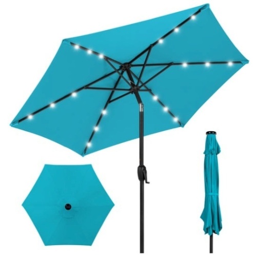 Outdoor Solar Patio Umbrella w/ Push Button Tilt, Crank Lift - 7.5ft, Sky Blue - Lot 206