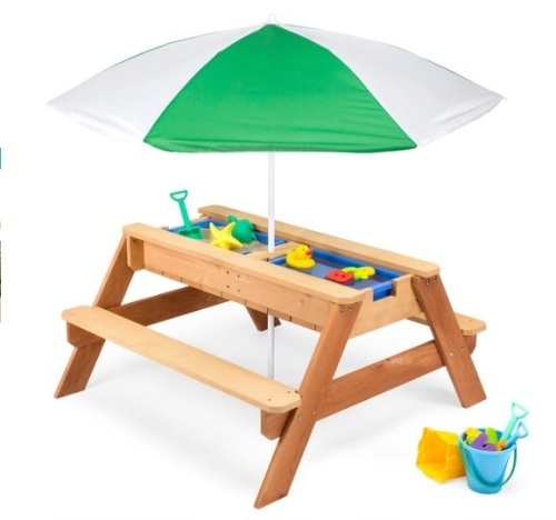 3-in-1 Kids Sand & Water Table Outdoor Wood Picnic Table w/ Umbrella, Green - Lot 159