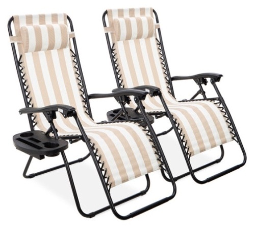 Set of 2 Adjustable Zero Gravity Patio Chair Recliners w/ Cup Holders, Tan Striped - Lot 160