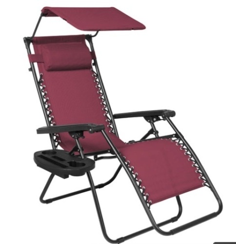 Folding Zero Gravity Recliner Patio Lounge Chair w/ Canopy, Side Tray, Burgundy - Lot 174