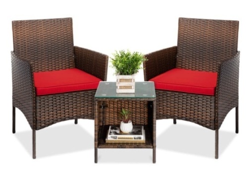 3-Piece Outdoor Patio Wicker Bistro Set w/ Side Storage Table, Brown/Red - Lot 180