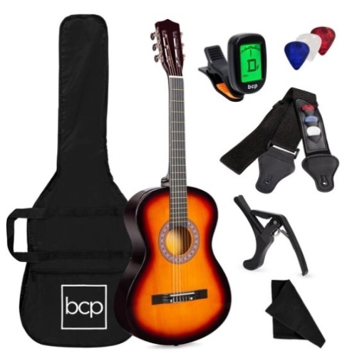 Beginner Acoustic Guitar Set w/ Case, Strap, Digital Tuner, Strings - 38in, Sunburst - Lot 197