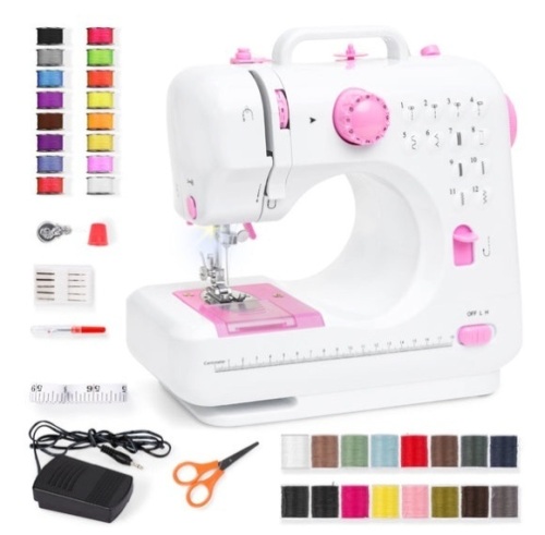 6V Portable Foot Pedal Sewing Machine w/ 12 Stitch Patterns, Pink/White - Lot 168