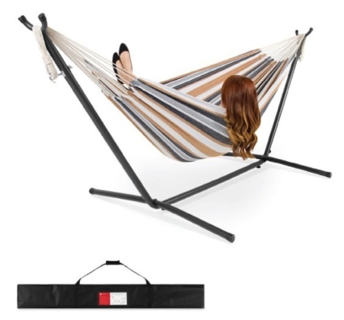 2-Person Brazilian-Style Double Hammock w/ Carrying Bag and Steel Stand, Desert Stripes - Lot 300