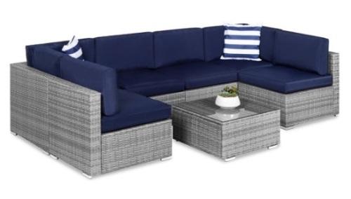 7-Piece Modular Wicker Sectional Conversation Set w/ 2 Pillows, Cover, Gray/Navy, Boxes A, B & C - Lot 302
