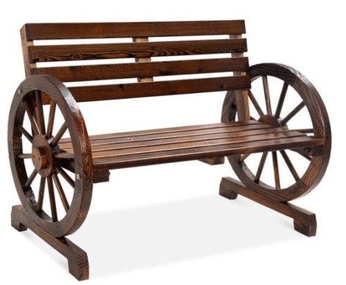 2-Person Rustic Wooden Wagon Wheel Bench w/ Slatted Seat and Backrest - Lot 306