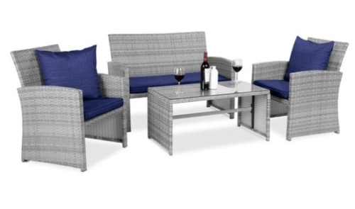 4-Piece Outdoor Wicker Conversation Patio Set w/ 4 Seats, Glass Table Top, Gray/Navy - Lot 308